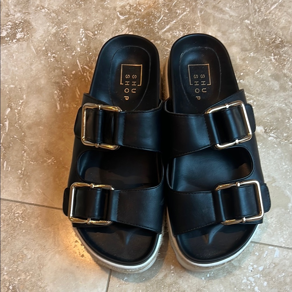 Black Slide Sandals with Gold Buckles